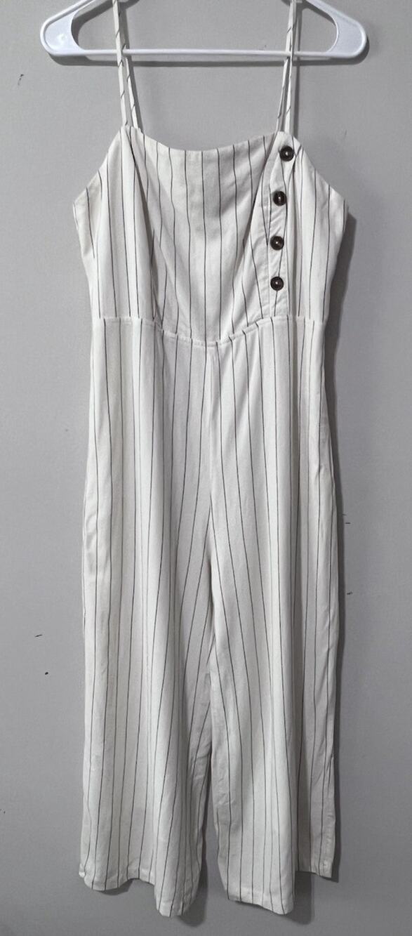 By Together Wide Leg Cropped Jumpsuit Striped Linen Smocked Boho Chic sz L